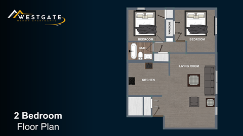 Floor plan for 2 beds, 1 bath, 758 sqft